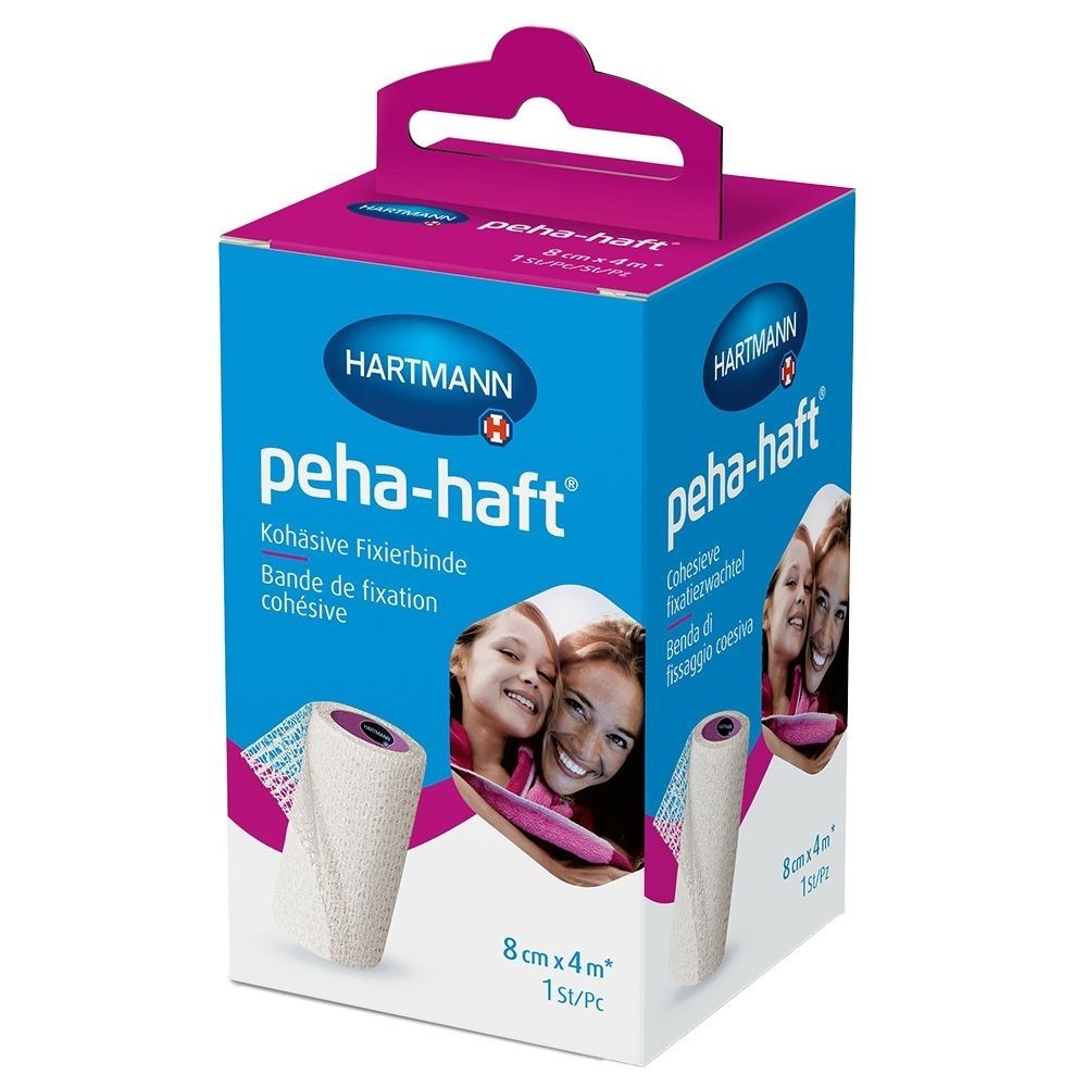 Boîte bleu, blanc et rose avec le nom du produit « peha-haft ». Contient un bandage de fixation cohésif. Taille : 8 cm x 4 m. Marque : HARTMANN.