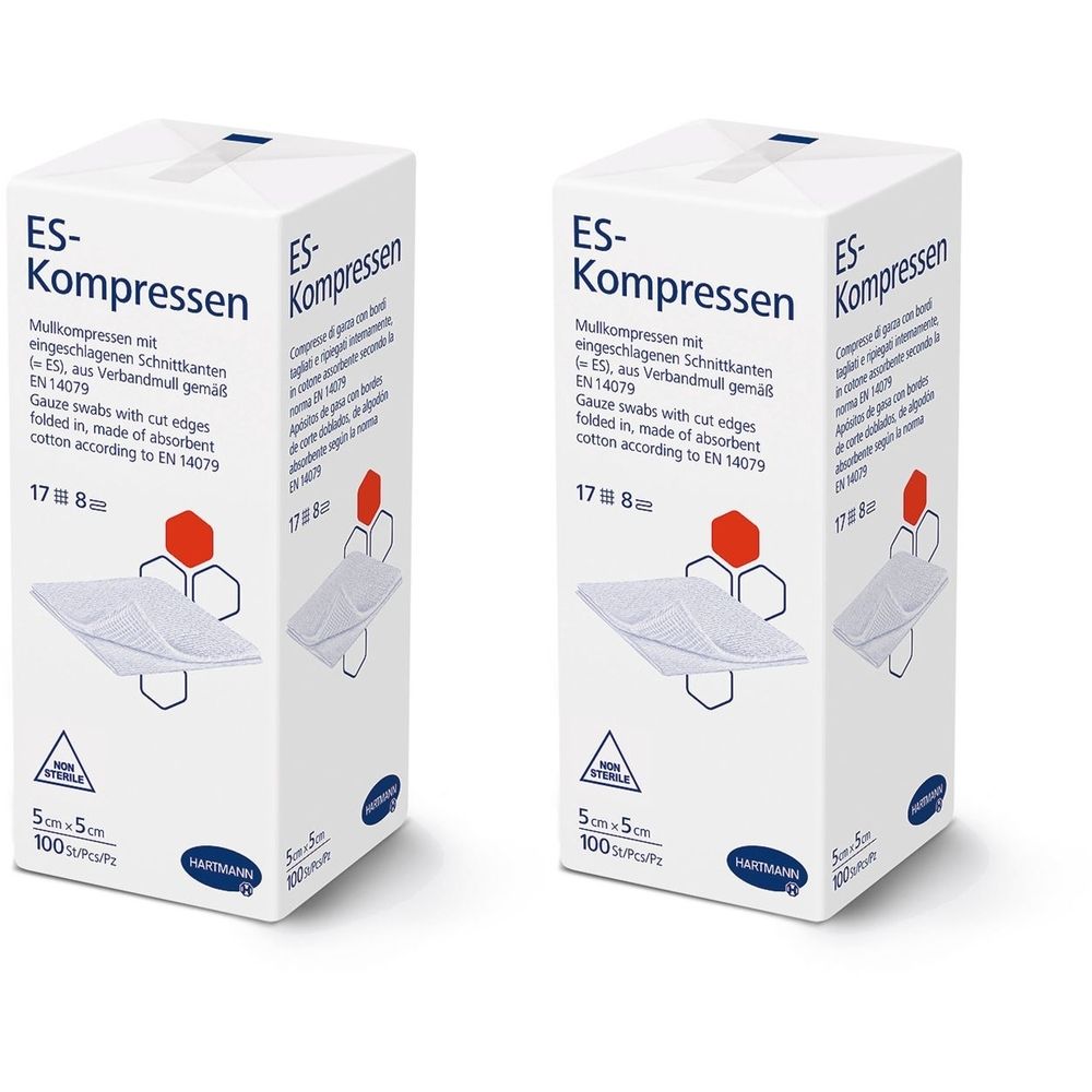 Deux boîtes de compresses ES. Inscription : compresses de gaze, 5x5 cm, 100 pièces. Marque Hartmann. Non stérile.