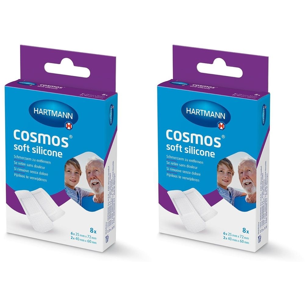 Deux boîtes de HARTMANN cosmos® soft silicone. Boîtes bleues avec nom du produit et illustrations. Contient 8 pièces, 4 x 25mm x 72mm et 2 x 60mm x 60mm.