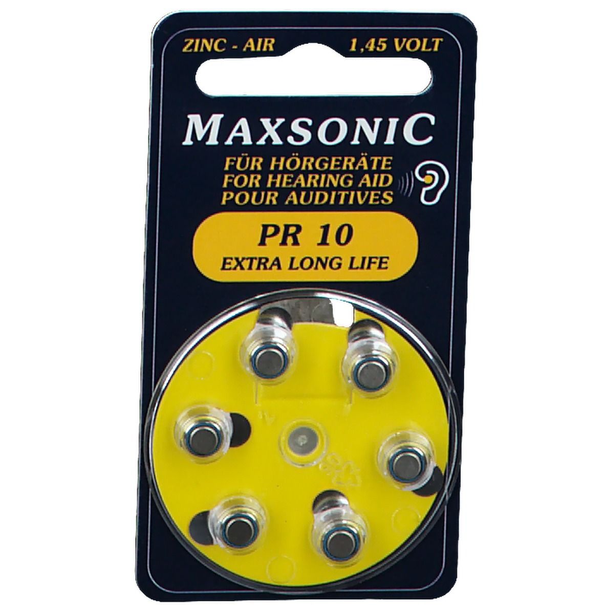 Emballage de piles auditives Maxsonic PR 10, Extra Long Life. Contient six piles rondes, dans un support jaune, sur fond noir.