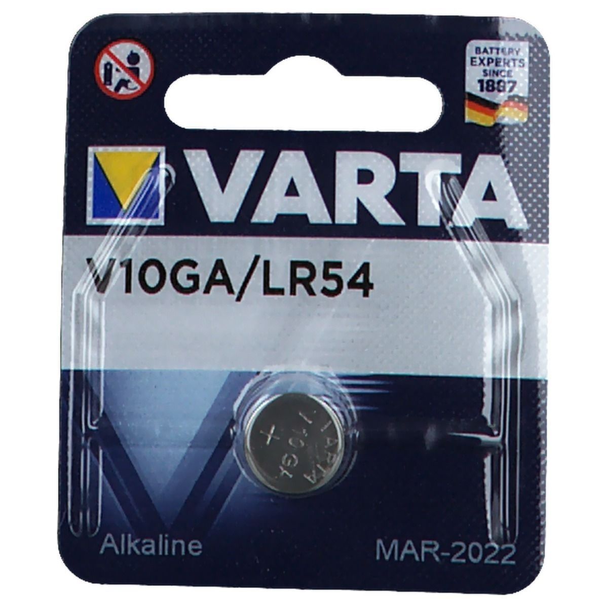 Pile bouton VARTA V10GA/LR54 dans un emballage blister. Pile ronde argentée. Inscription : Alkaline, MAR-2022. Logo et texte VARTA.