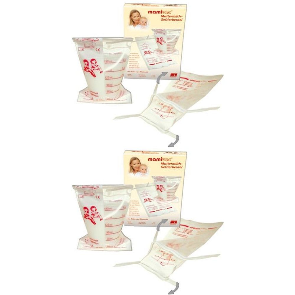 Emballage de sachets de congélation pour lait maternel. Sachets avec échelle de mesure et illustrations de bébés. Boîte avec nom et logo.