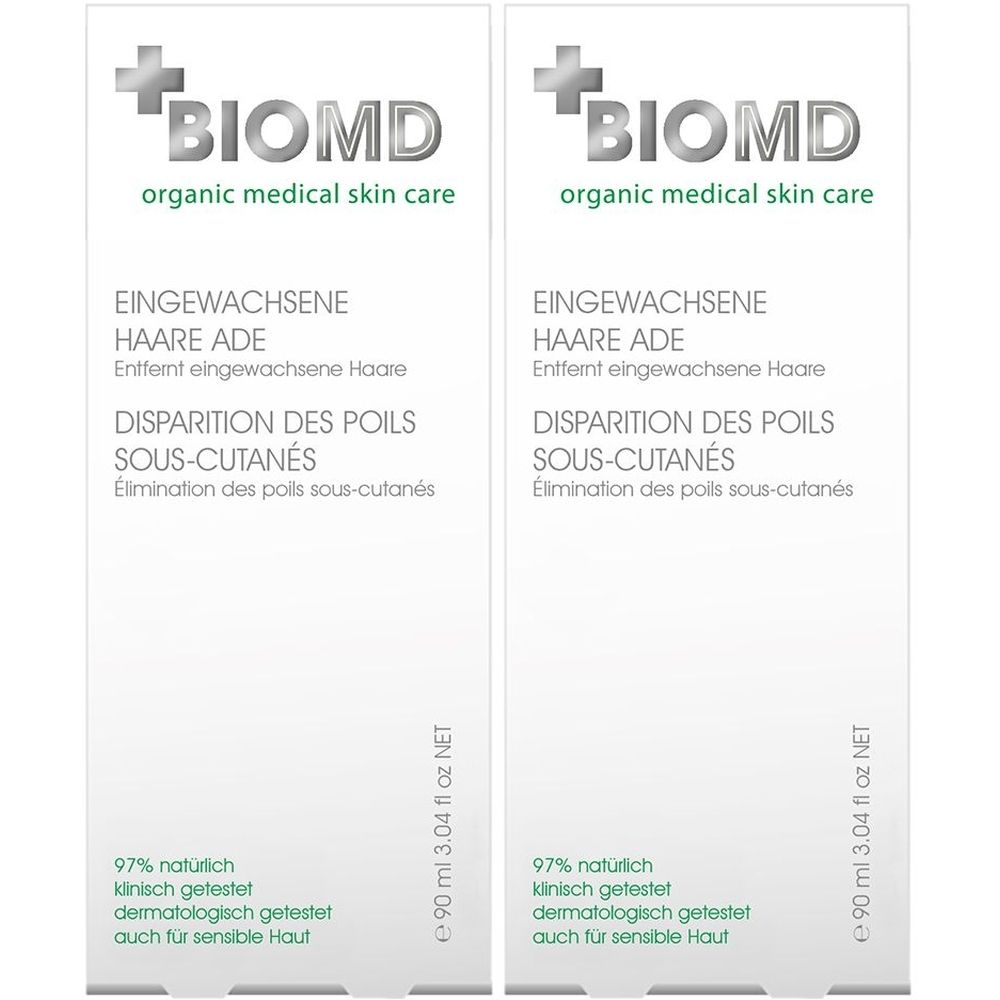Deux flacons blancs avec informations produit. Inscription: BIOMD, Disparition des poils sous-cutanés. 90 ml. 97% naturel, testé cliniquement et dermatologiquement.