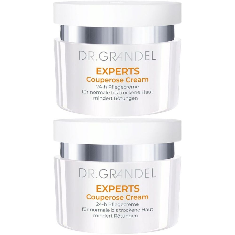 Deux pots de crème avec couvercles blancs et bord argenté. Inscription: DR. GRANDEL EXPERTS Couperose Cream.