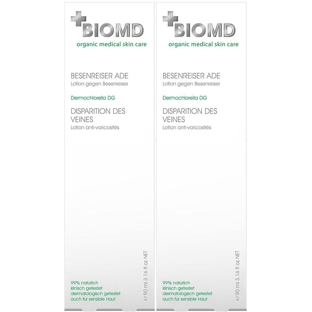 Deux boîtes blanches avec impression de produit. Logo BIOMD, nom du produit et autres informations en allemand et français.