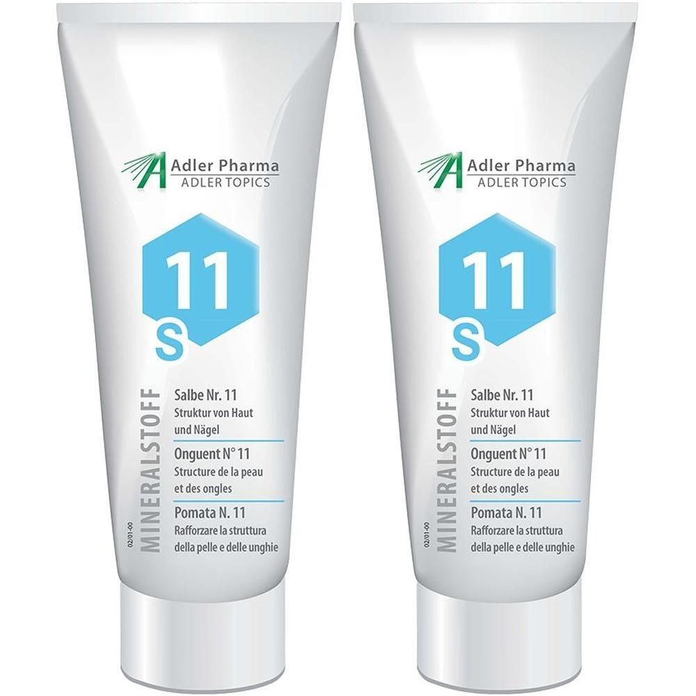 Deux tubes de Onguent N° 11 MINERALSTOFF d'Adler Pharma. Tubes blancs avec graphique bleu hexagonal et informations produit.