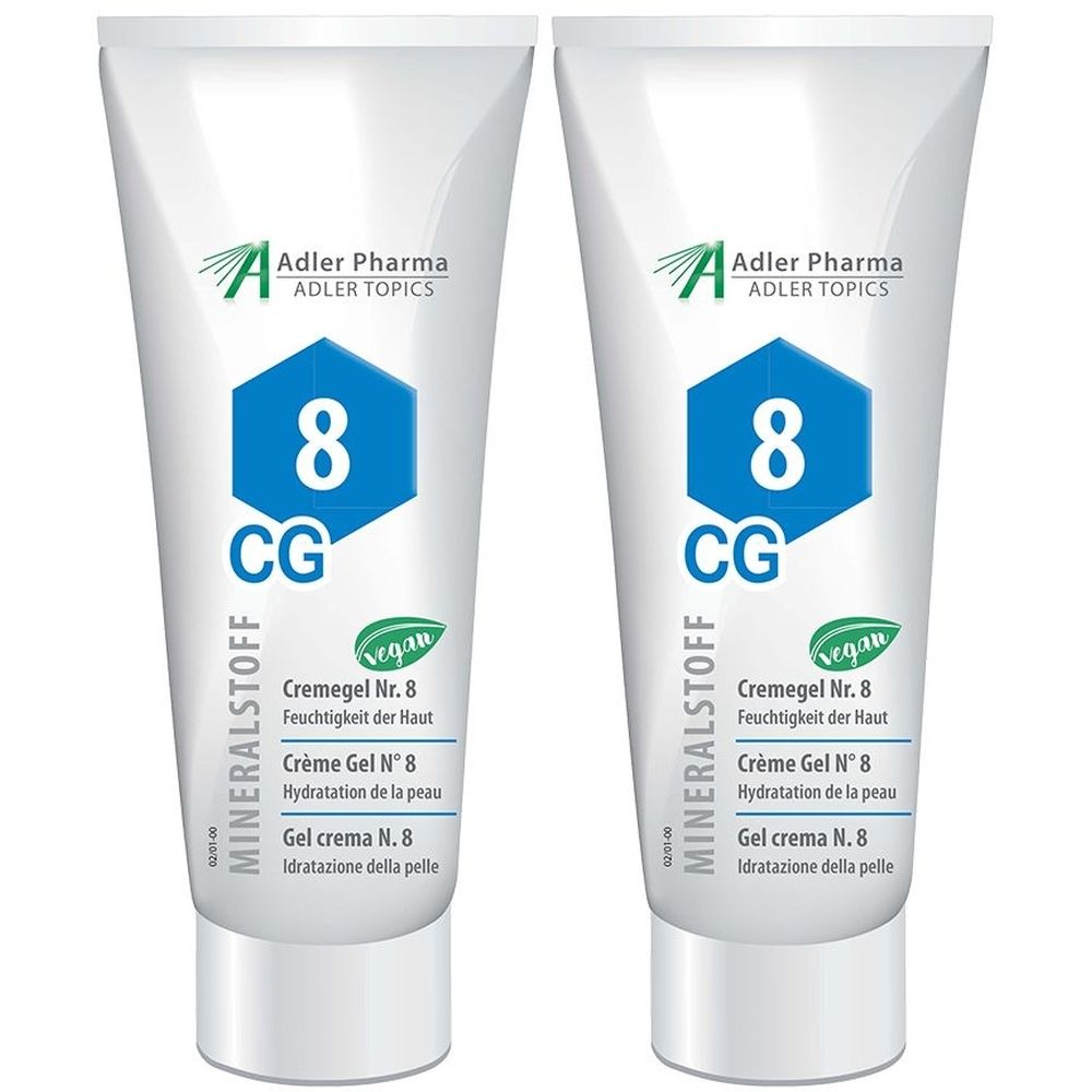 Deux tubes blancs de Crème Gel MINERALSTOFF N° 8. Hexagones bleus avec "8" et "CG". Label vegan. Logo Adler Pharma.