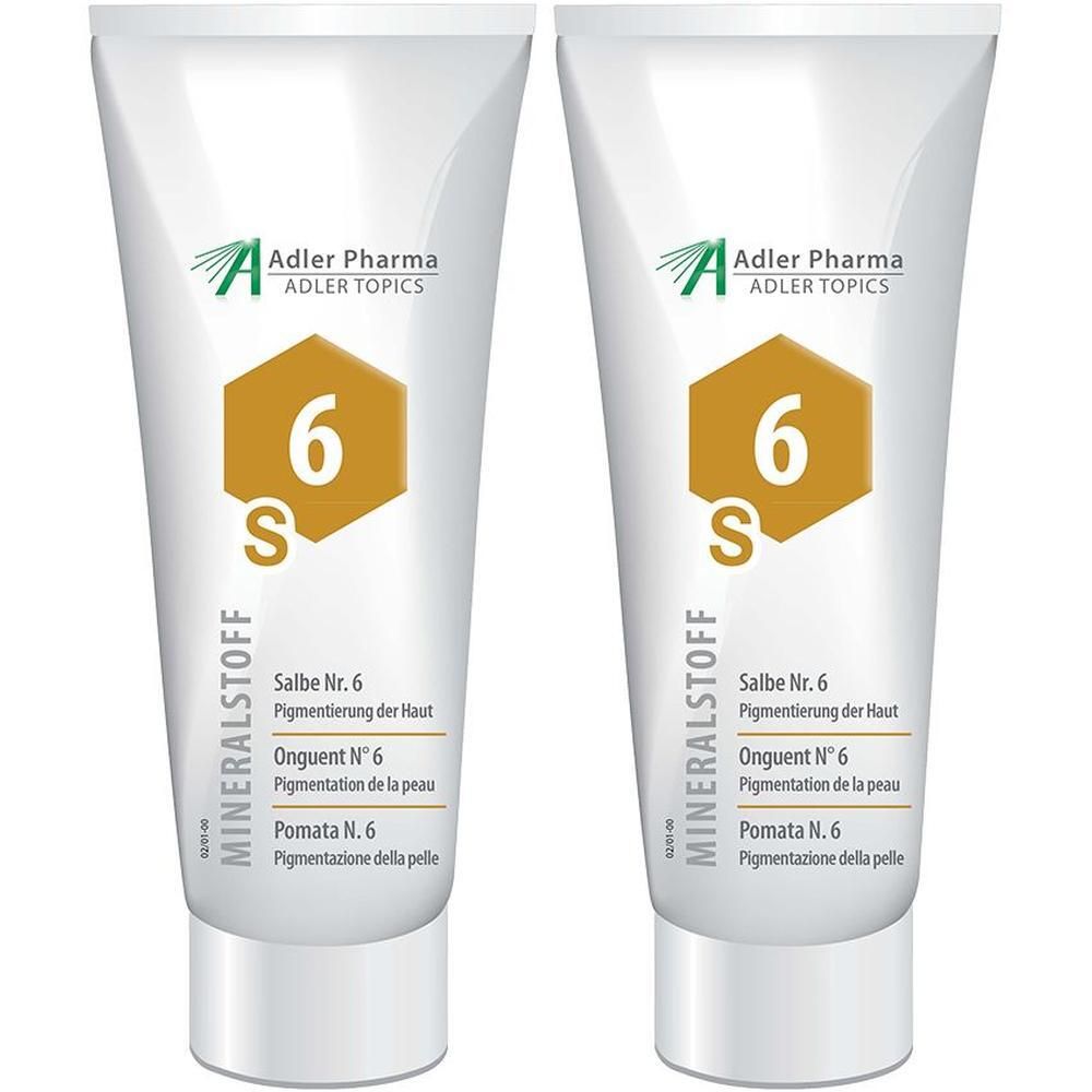 Deux tubes de Onguent N° 6 MINERALSTOFF d'Adler Pharma. Tubes blancs avec logo hexagonal orange-jaune et texte.