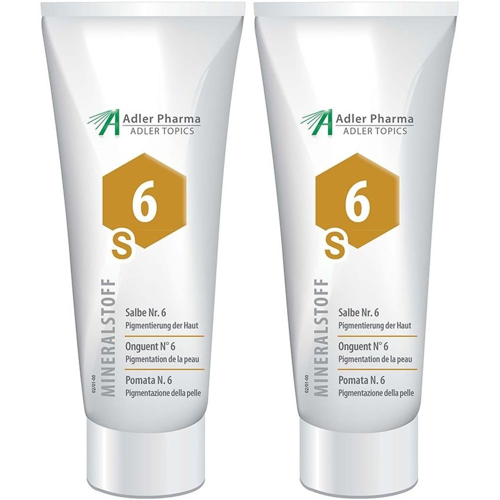 Deux tubes de MINERALSTOFF Salbe Nr. 6. Blancs, avec logo jaune et mentions en allemand, français et italien.