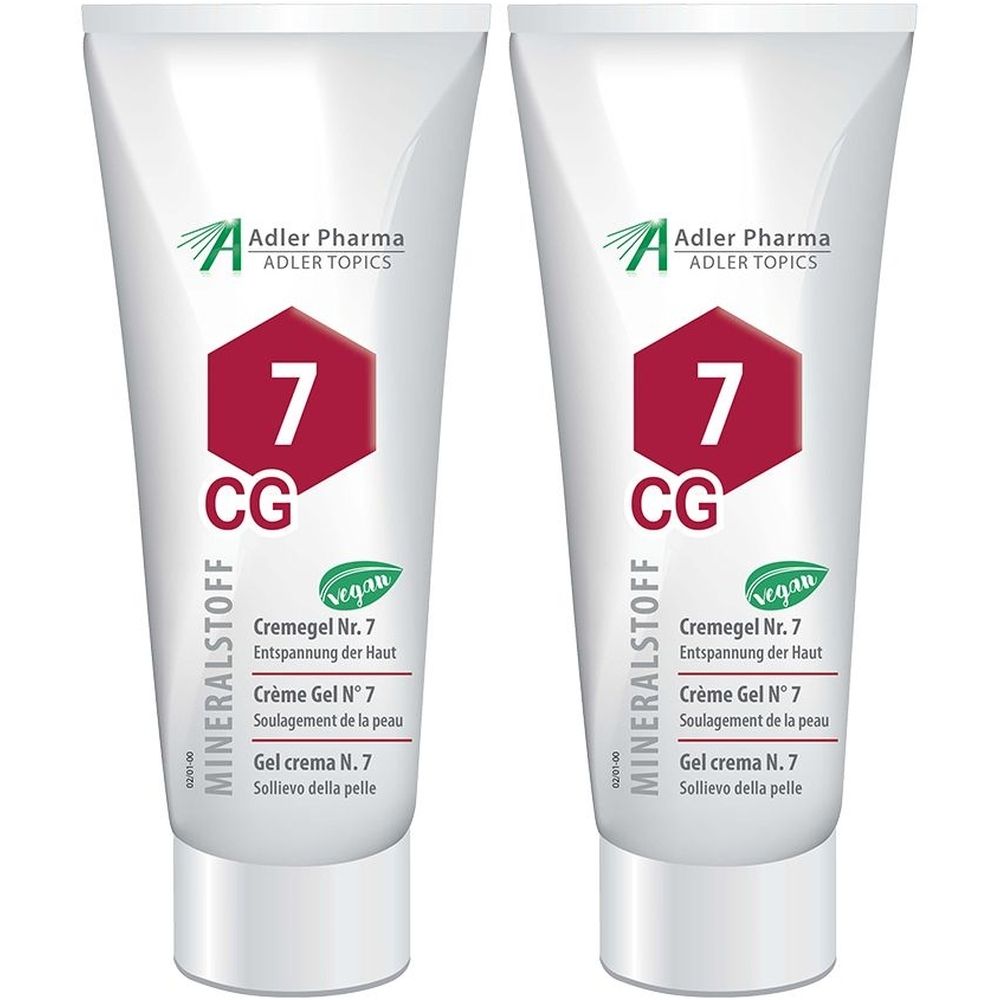 Deux tubes de Crème Gel N° 7. Inscription: Adler Pharma, MINERALSTOFF, vegan. Hexagone rouge avec "7" et "CG".