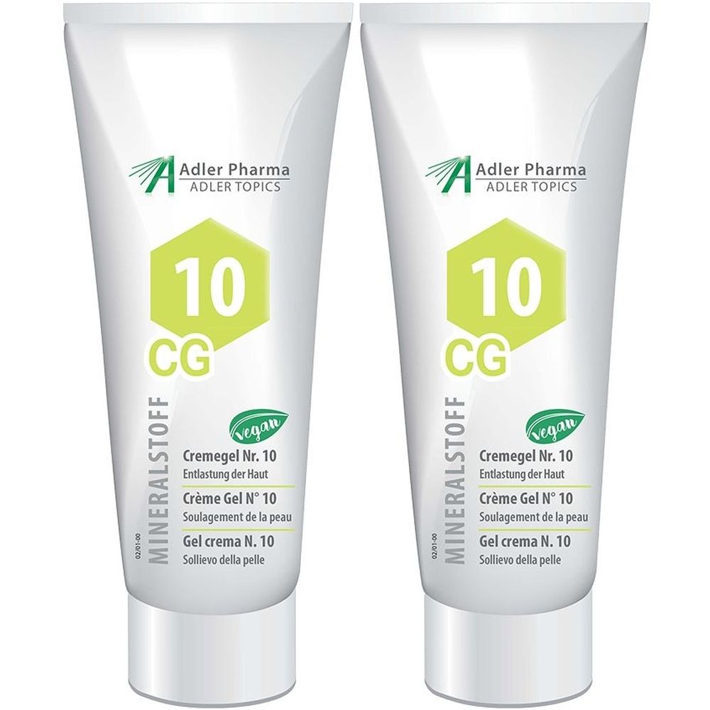 Deux tubes de Crème Gel Nr. 10. Blanc, avec texte vert et noir. Marque Adler Pharma. Label vegan.