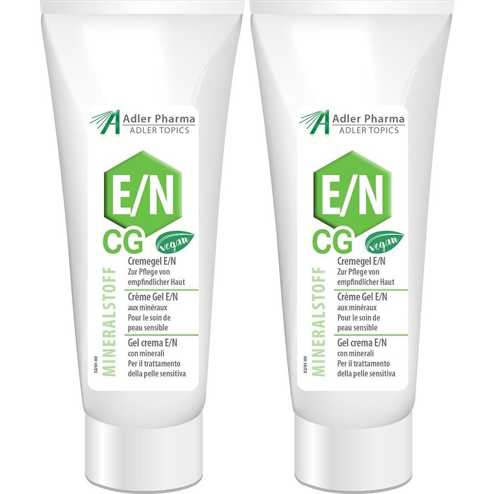 Deux tubes de crème gel blancs avec logos et texte verts. Inscription : MINERALSTOFF, E/N CG, Adler Pharma. Label vegan.