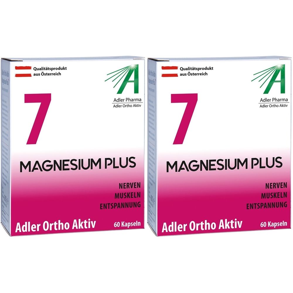 Deux boîtes rectangulaires. Inscription : "7 Magnesium Plus", "Adler Ortho Aktiv", "60 gélules". Logo vert et blanc.