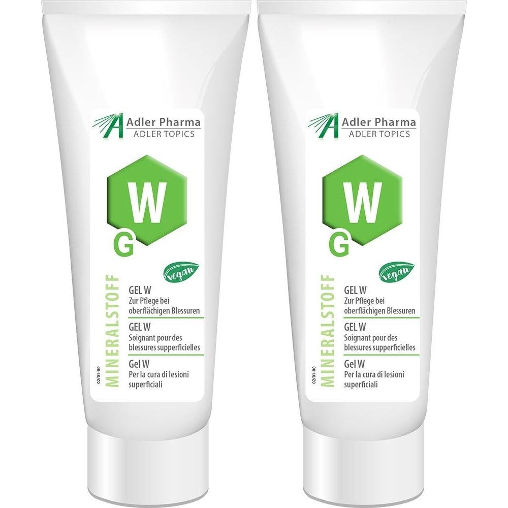 Deux tubes blancs de GEL W MINERALSTOFF. Sur chaque tube, logo Adler Pharma, hexagone vert avec "W" et "G", texte.