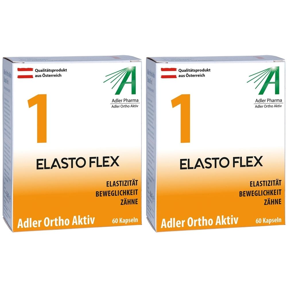 Deux boîtes blanches avec des accents orange. Inscription : "ELASTO FLEX", "Adler Ortho Aktiv", "60 gélules". Logo avec "A".