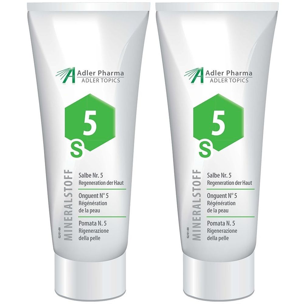 Deux tubes de MINERALSTOFF Crème-gel N° 5. Tubes blancs avec des accents verts et des informations sur le produit. Logo Adler Pharma.