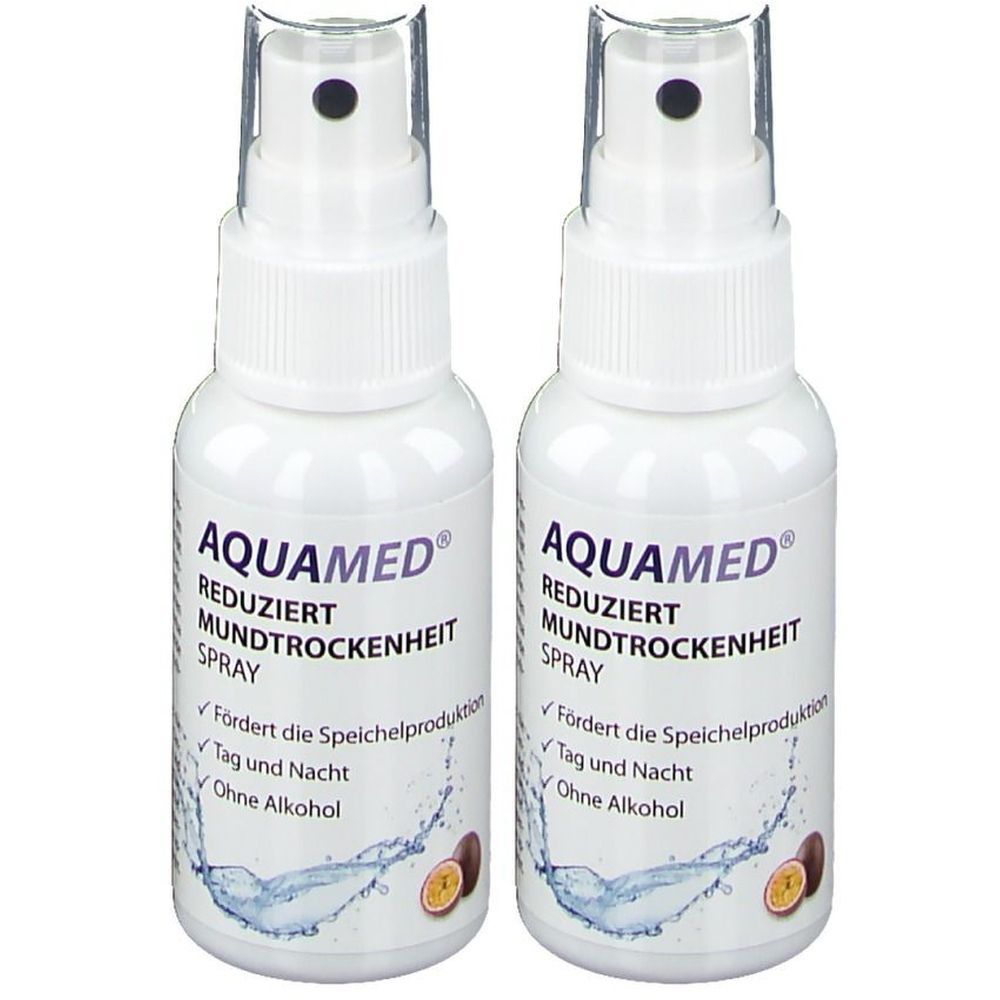 Deux flacons pulvérisateurs blancs avec tête noire. Inscription: AQUAMED, spray pour la sécheresse buccale. Informations et logo.