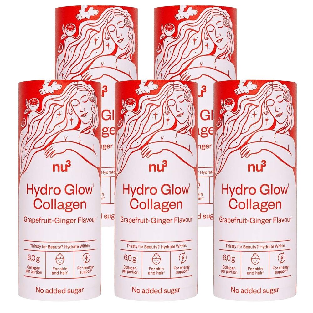 Boîte cylindrique rouge. Inscription: Hydro Glow Collagen, saveur pamplemousse-gingembre. Contient 6,0g de collagène par portion. Sans sucre ajouté.