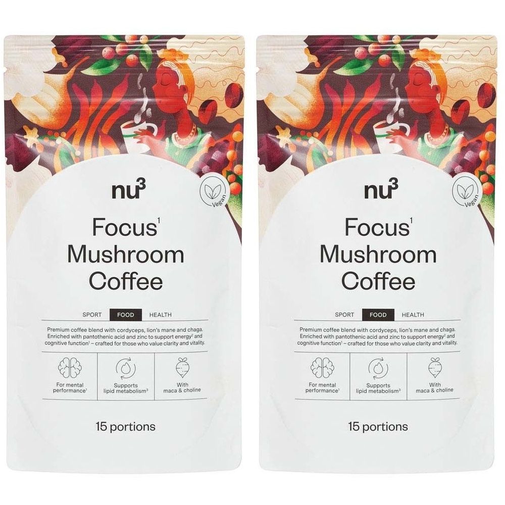 Deux sachets de nu3 Focus' Mushroom Coffee. Inscription : Sport, Food, Health. Label végétalien. 15 portions. Contient Cordyceps, Lion's Mane et Chaga.