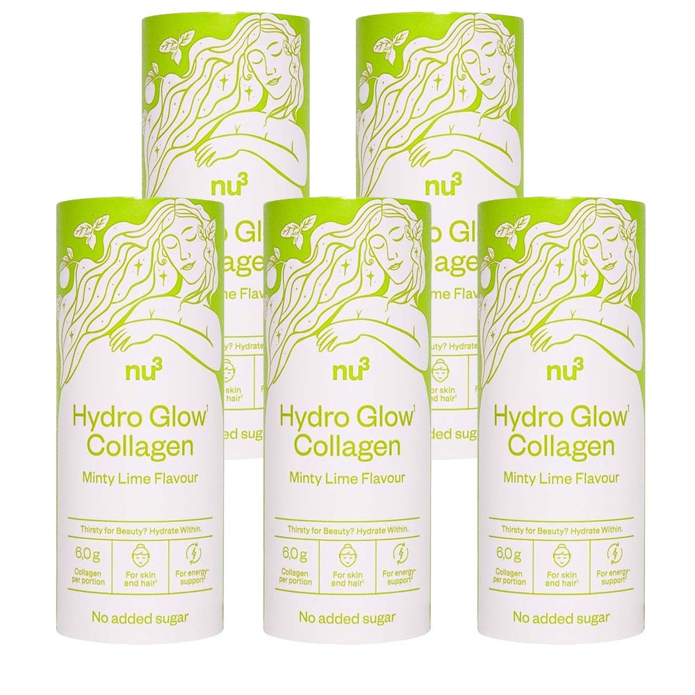 Emballage cylindrique "nu3 Hydro Glow Collagen". Design vert et blanc avec illustration féminine. Texte: "Minty Lime Flavour", "6,0g Collagen".