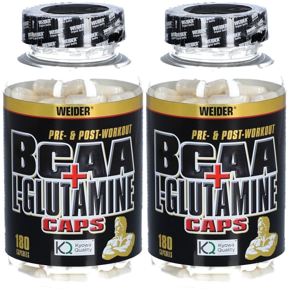Deux boîtes de gélules. Inscription : Weider BCAA + L-Glutamine CAPS. 180 gélules. Label Kyowa Quality. Fond noir avec des accents jaunes et rouges.