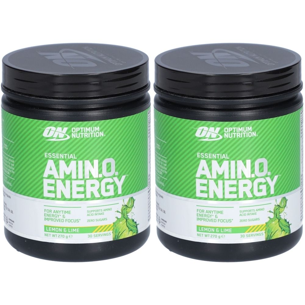 Deux boîtes de Optimum Nutrition Essential AMIN.O. ENERGY. Couvercles noirs, étiquettes vertes avec nom et logo du produit. Goût citron vert.