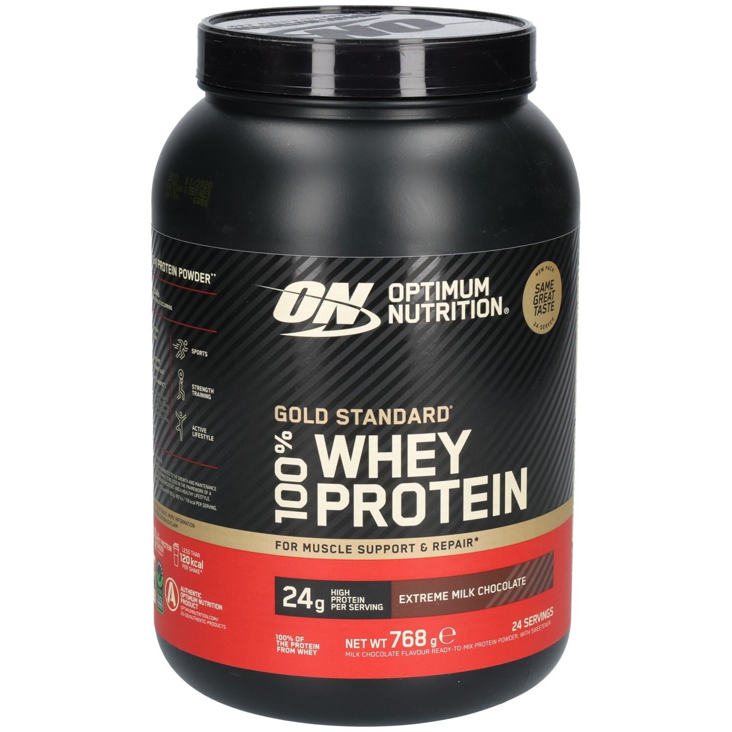 Boîte noire "Optimum Nutrition" et "Gold Standard 100% Whey Protein". Bande rouge avec "Extreme Milk Chocolate".