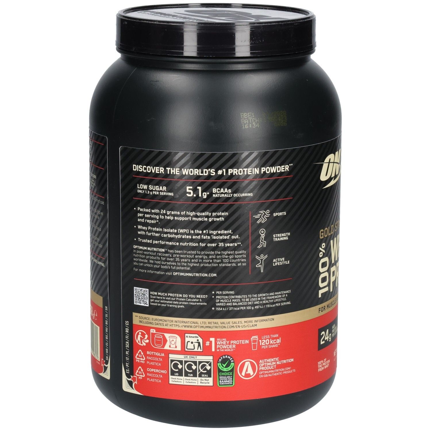 Dos de la boîte noire. Texte avec informations sur "Low Sugar", "BCAAs" et "Whey Protein Isolate".