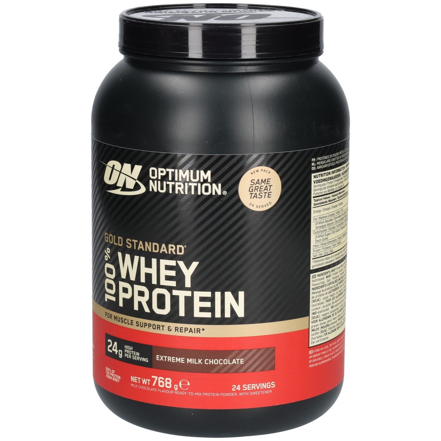 Boîte noire "Optimum Nutrition" et "Gold Standard 100% Whey Protein". Bande rouge avec "Extreme Milk Chocolate".