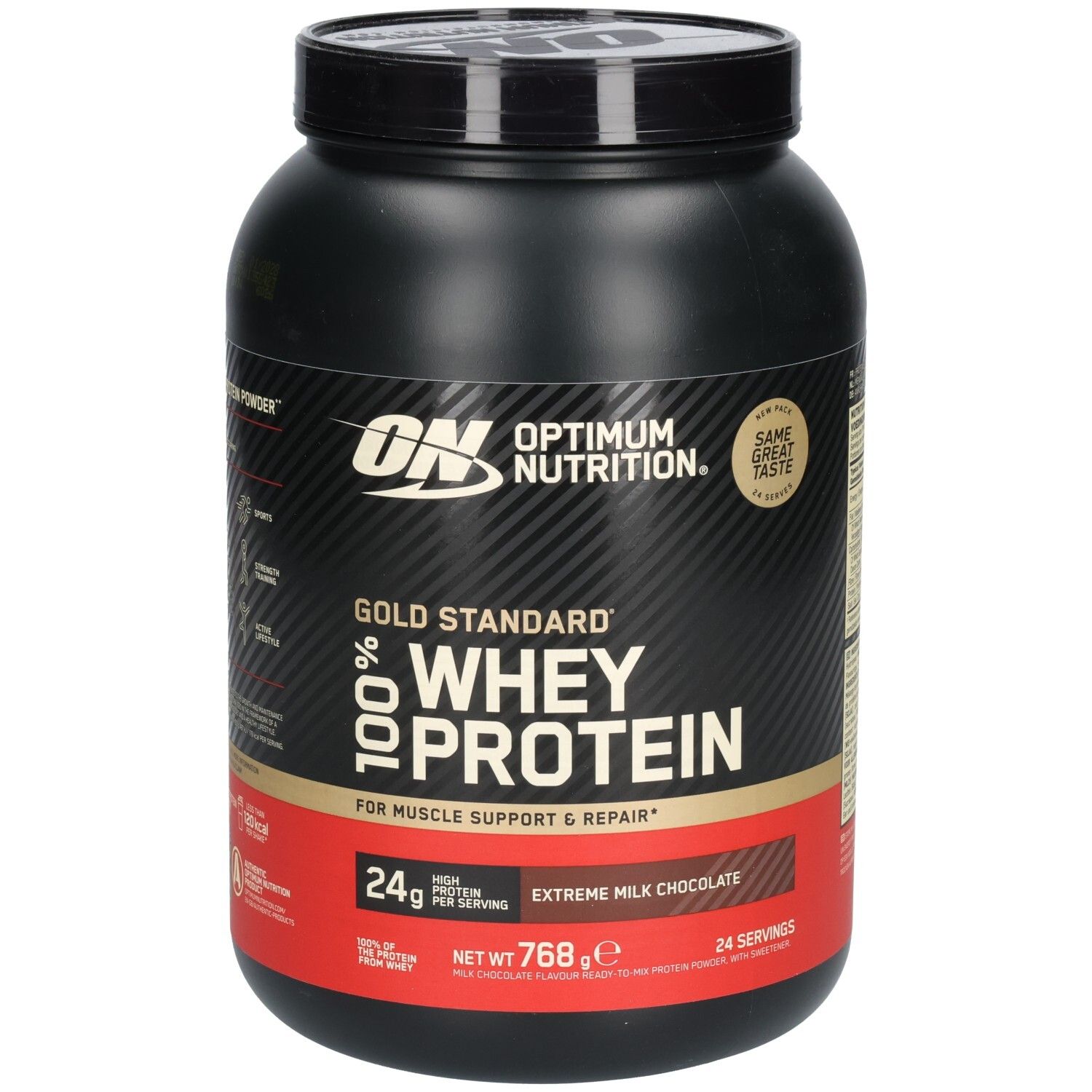 Boîte noire "Optimum Nutrition" et "Gold Standard 100% Whey Protein". Bande rouge avec "Extreme Milk Chocolate".