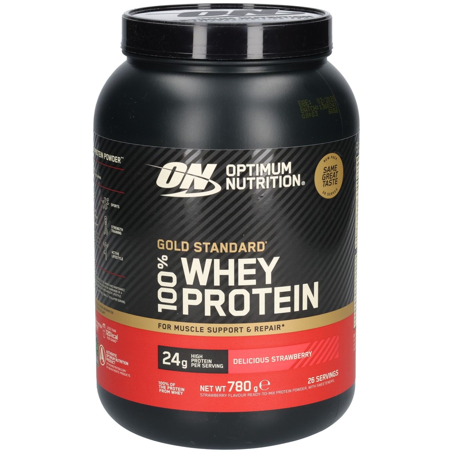 Pot noir avec logo ON et texte "Gold Standard 100% Whey Protein". Goût fraise. 780g.