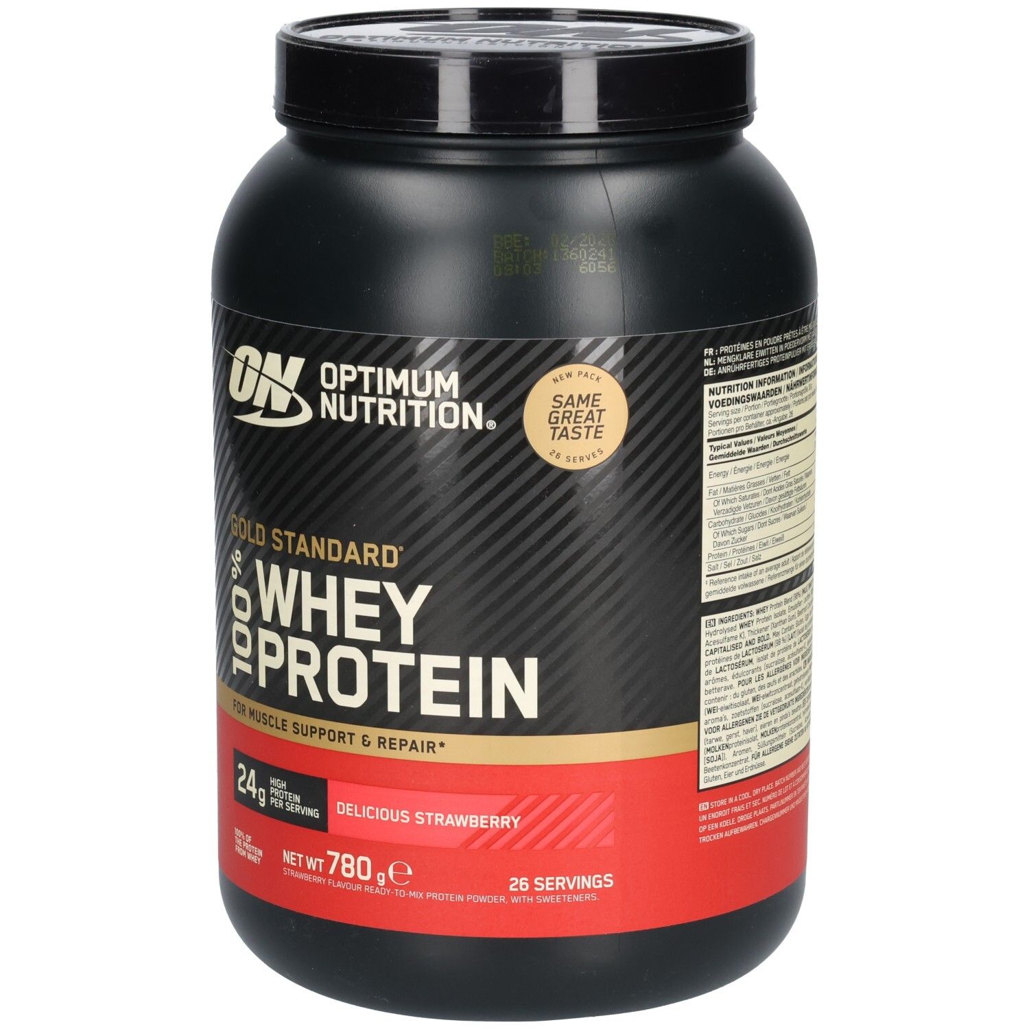 Pot noir avec logo ON et texte "Gold Standard 100% Whey Protein". Goût fraise. 780g.
