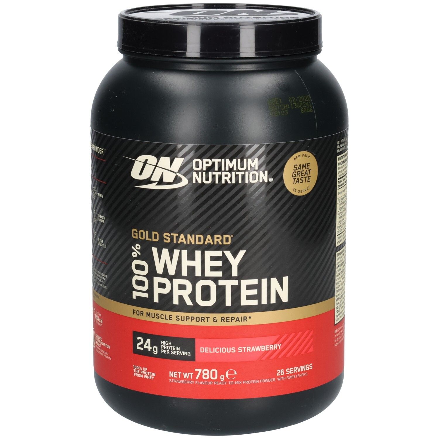 Pot noir avec logo ON et texte "Gold Standard 100% Whey Protein". Goût fraise. 780g.