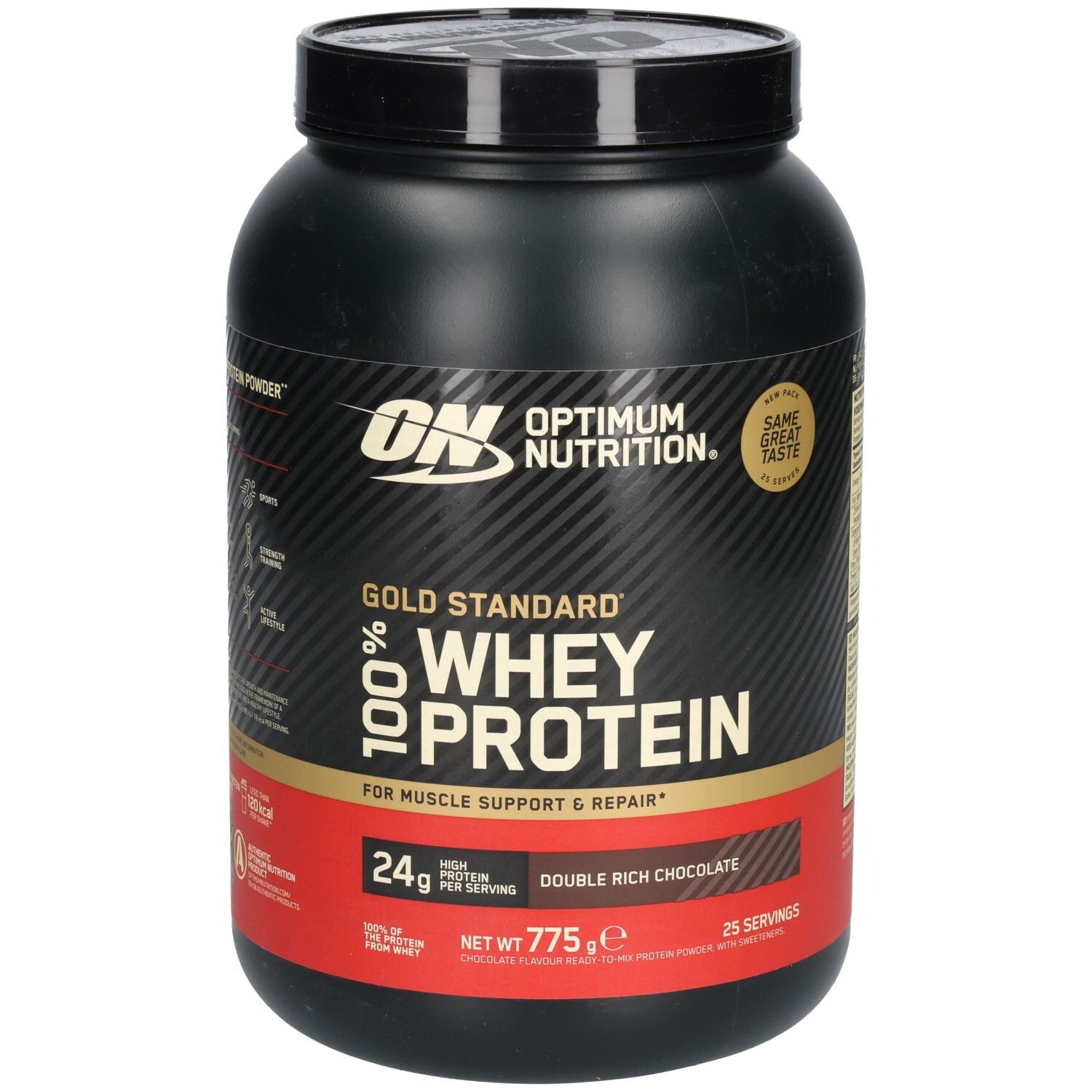 Pot noir de Gold Standard 100% Whey Protein. Inscription: Double Rich Chocolate, 24g protéines, 775g, 25 portions.