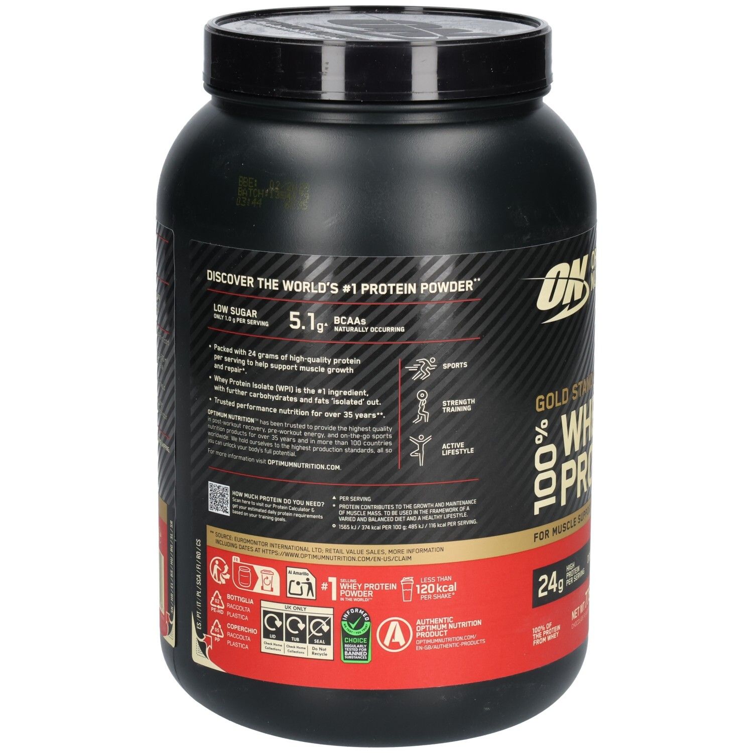 Dos du pot noir Gold Standard 100% Whey Protein. Contient des informations sur les ingrédients et la valeur nutritionnelle.
