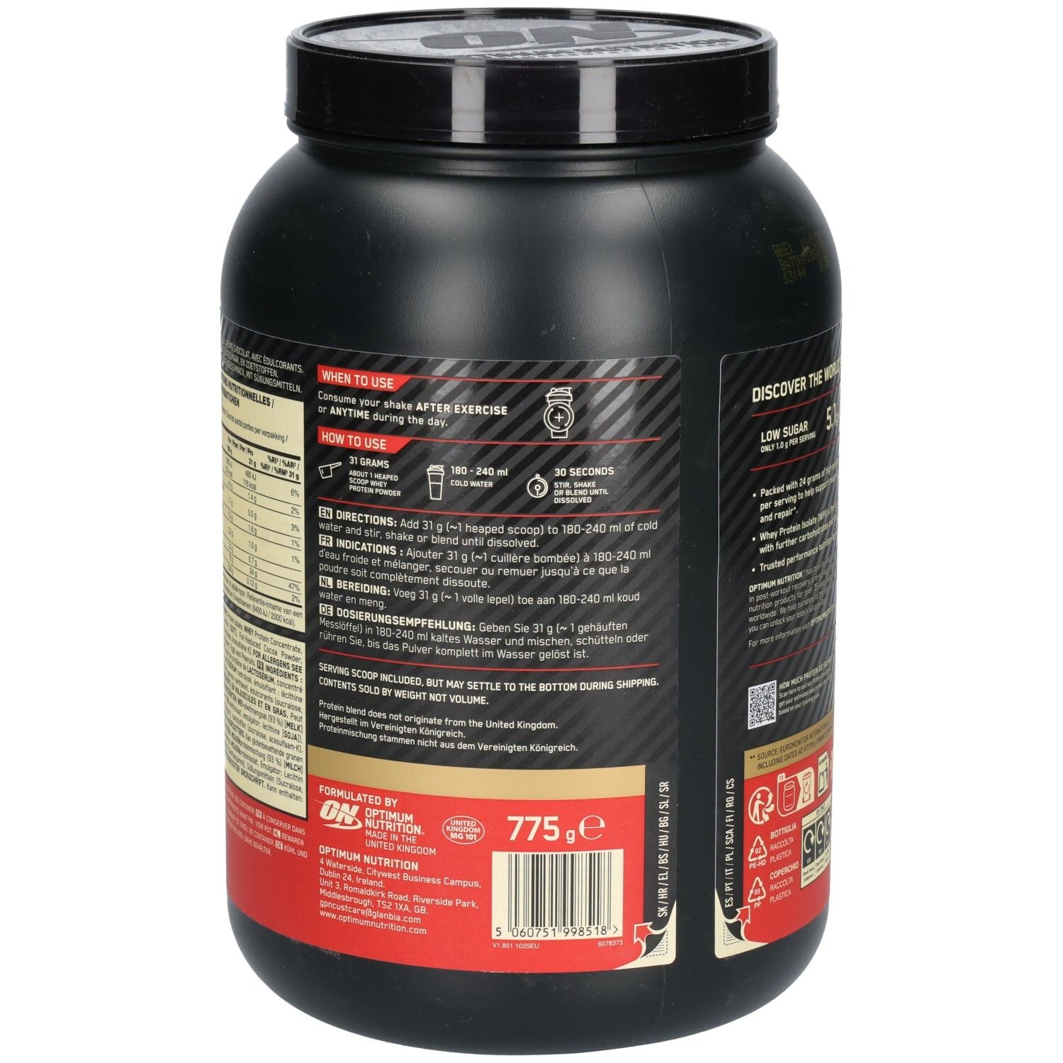 Dos du pot noir Gold Standard 100% Whey Protein. Contient des instructions d'utilisation et des informations nutritionnelles.