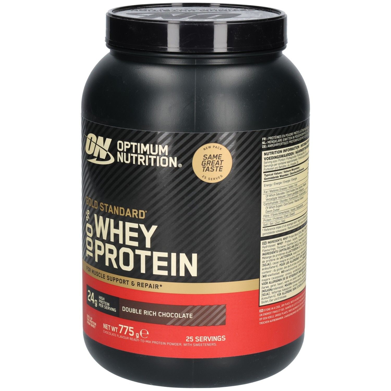 Pot noir Gold Standard 100% Whey Protein. Inscription: Double Rich Chocolate, 24g protéines, 775g, 25 portions.
