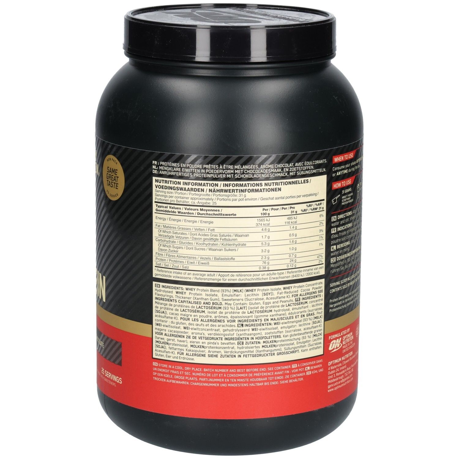 Dos du pot noir Gold Standard 100% Whey Protein. Contient des informations nutritionnelles et des listes d'ingrédients.