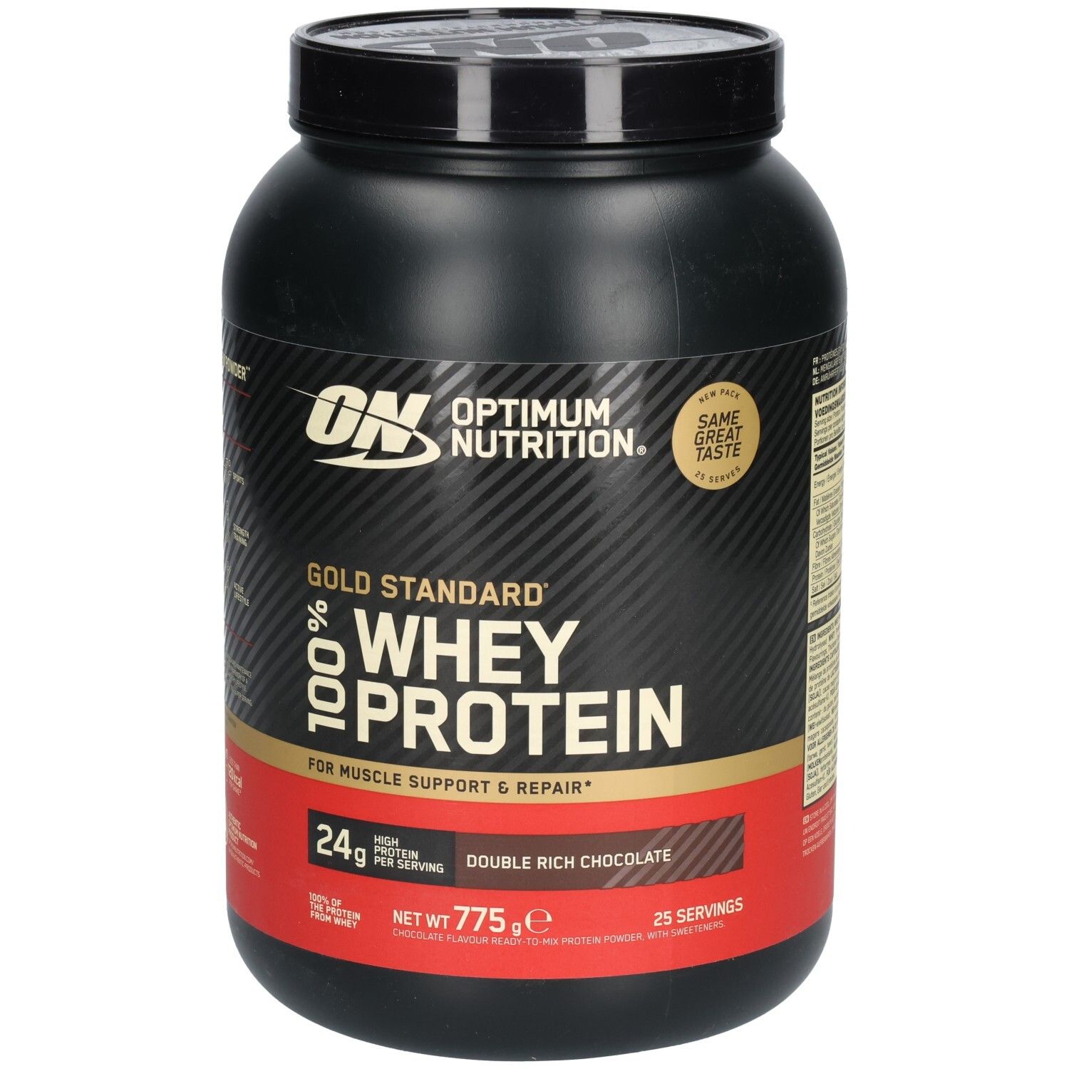 Pot noir Gold Standard 100% Whey Protein. Inscription: Double Rich Chocolate, 24g protéines, 775g, 25 portions.
