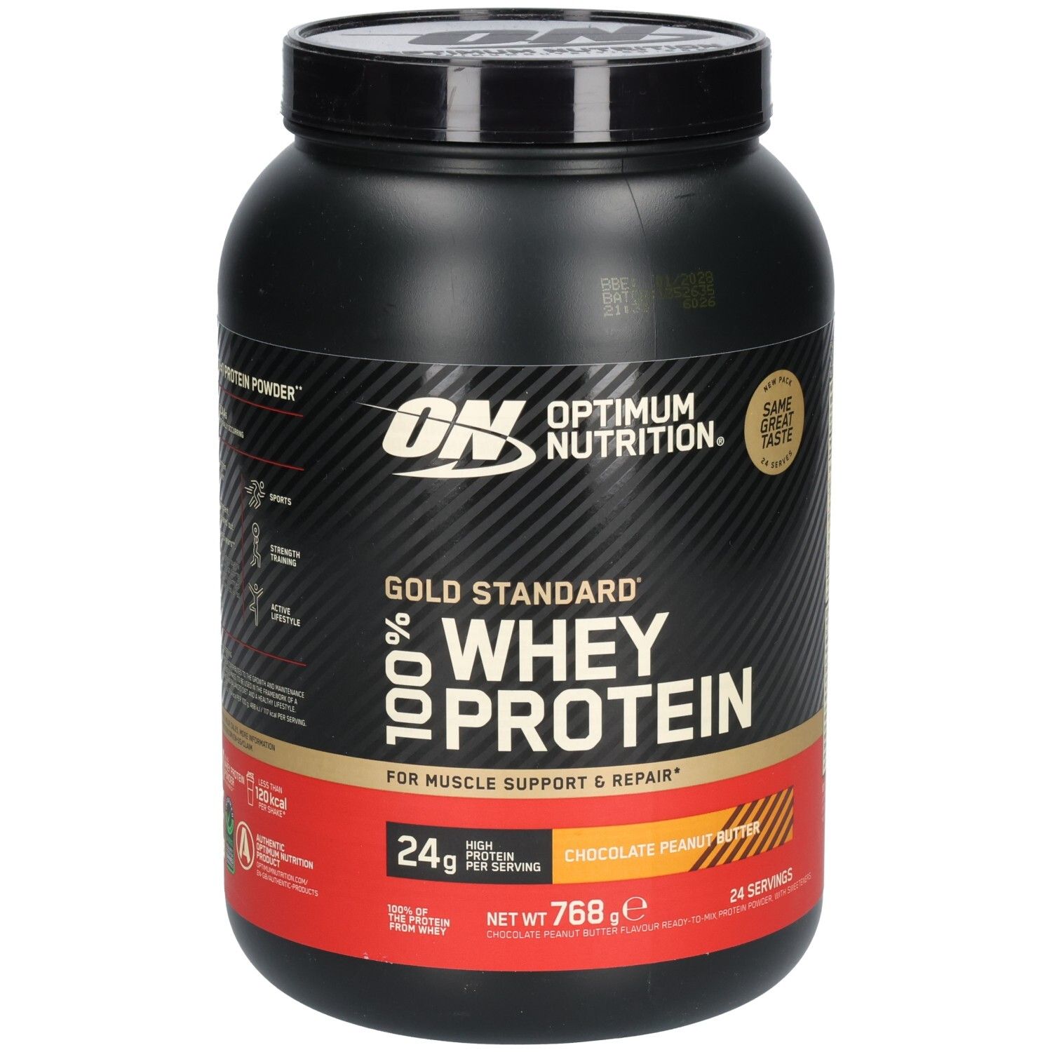 Pot noir OPTIMUM NUTRITION® Gold Standard 100% Whey Protein. Inscription: CHOCOLATE PEANUT BUTTER. 768g, 24 portions.