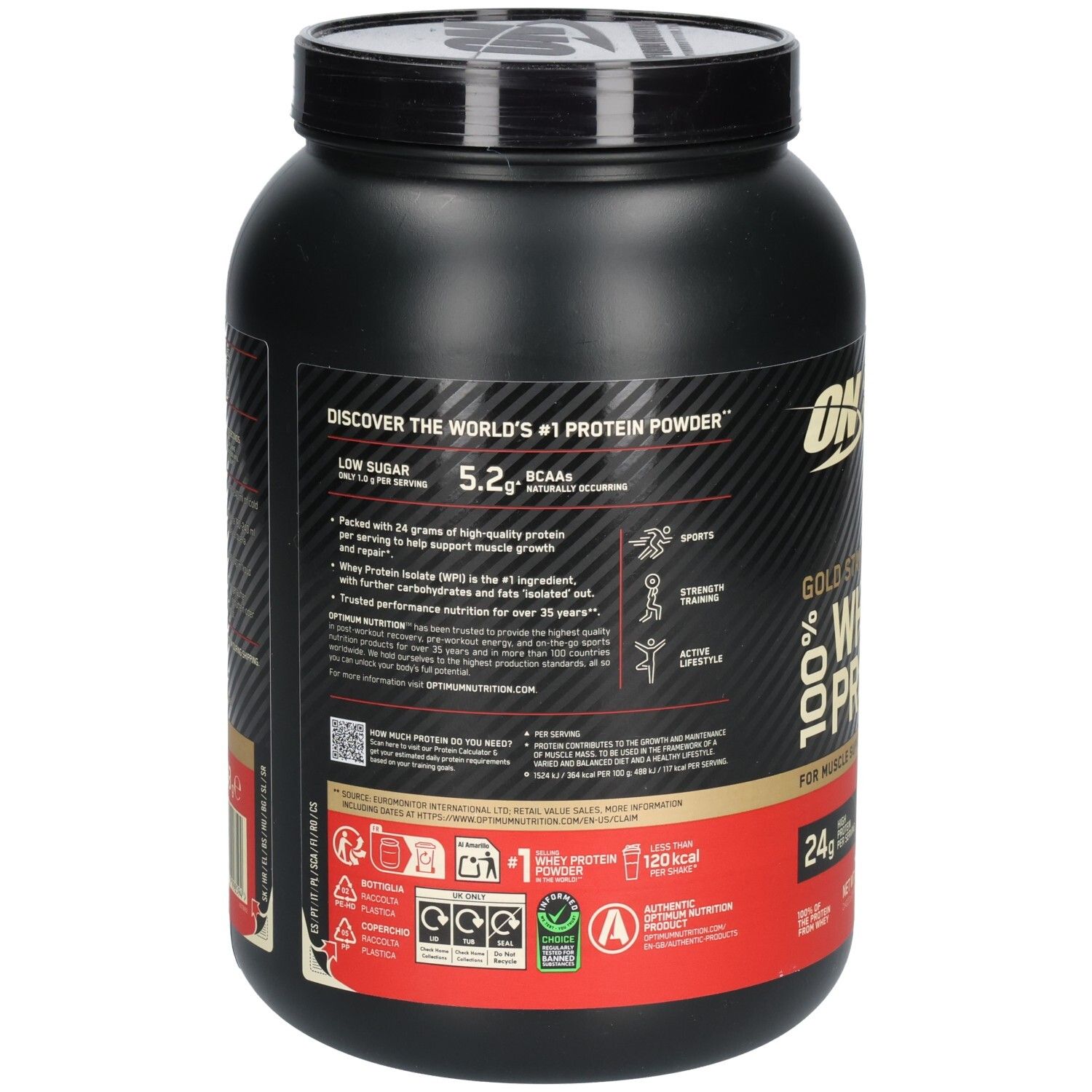 Dos du pot noir OPTIMUM NUTRITION® Gold Standard 100% Whey Protein. Contient des informations sur les ingrédients et la valeur nutritionnelle.