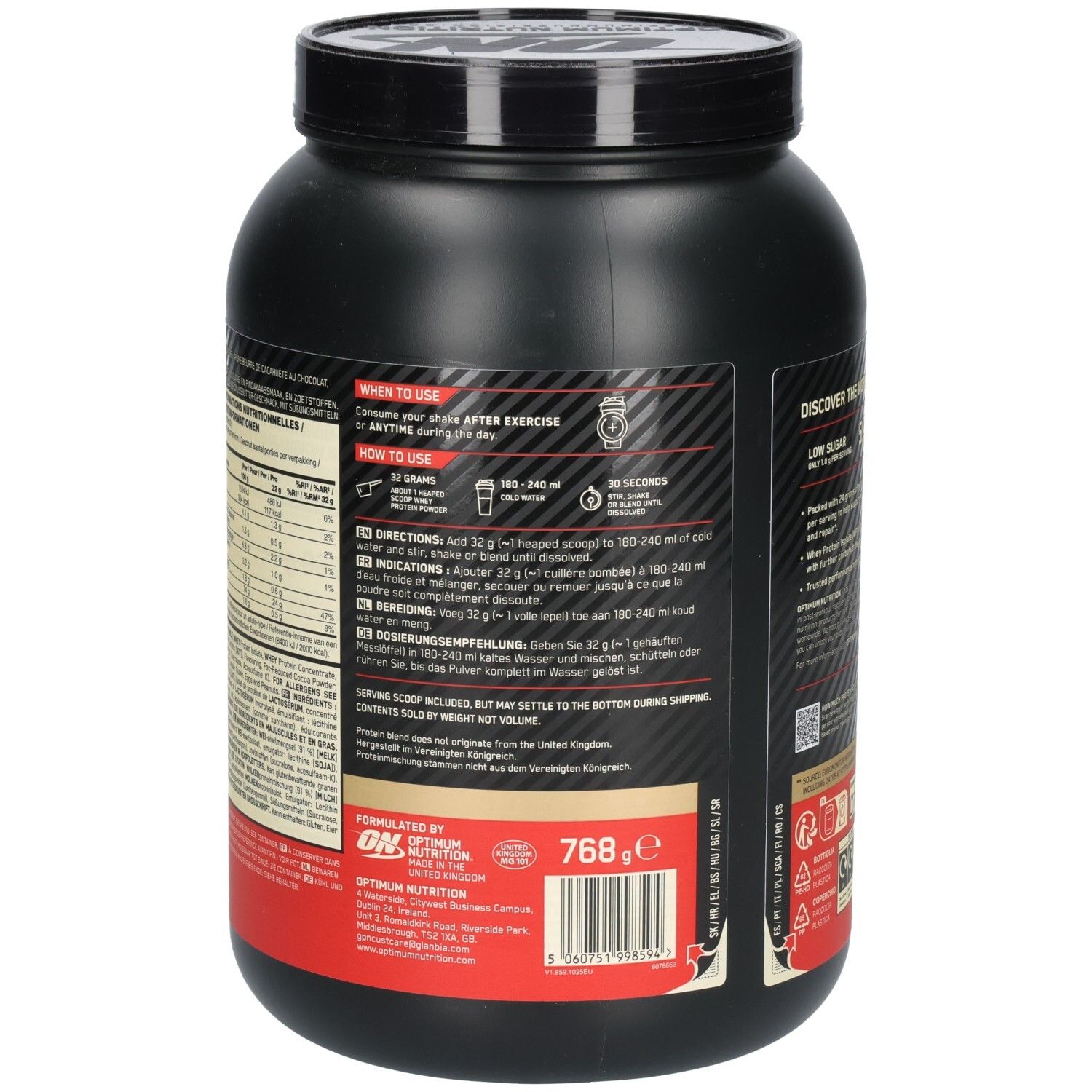 Dos du pot noir OPTIMUM NUTRITION® Gold Standard 100% Whey Protein. Instructions d'utilisation et informations nutritionnelles.