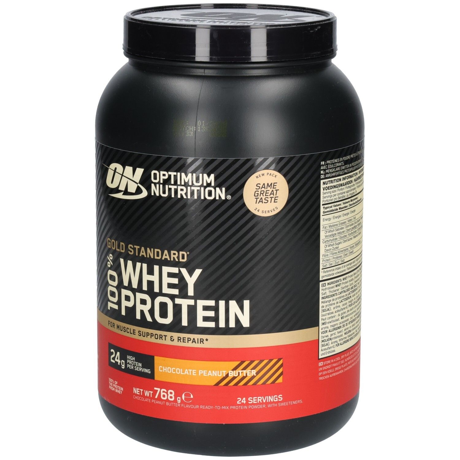 Pot noir OPTIMUM NUTRITION® Gold Standard 100% Whey Protein. Inscription: CHOCOLATE PEANUT BUTTER. 768g, 24 portions.