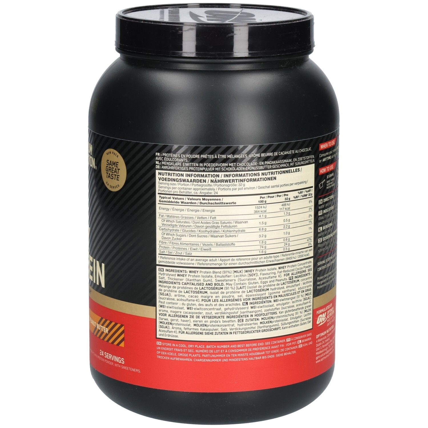 Dos du pot noir OPTIMUM NUTRITION® Gold Standard 100% Whey Protein. Contient des informations nutritionnelles et une liste d'ingrédients.