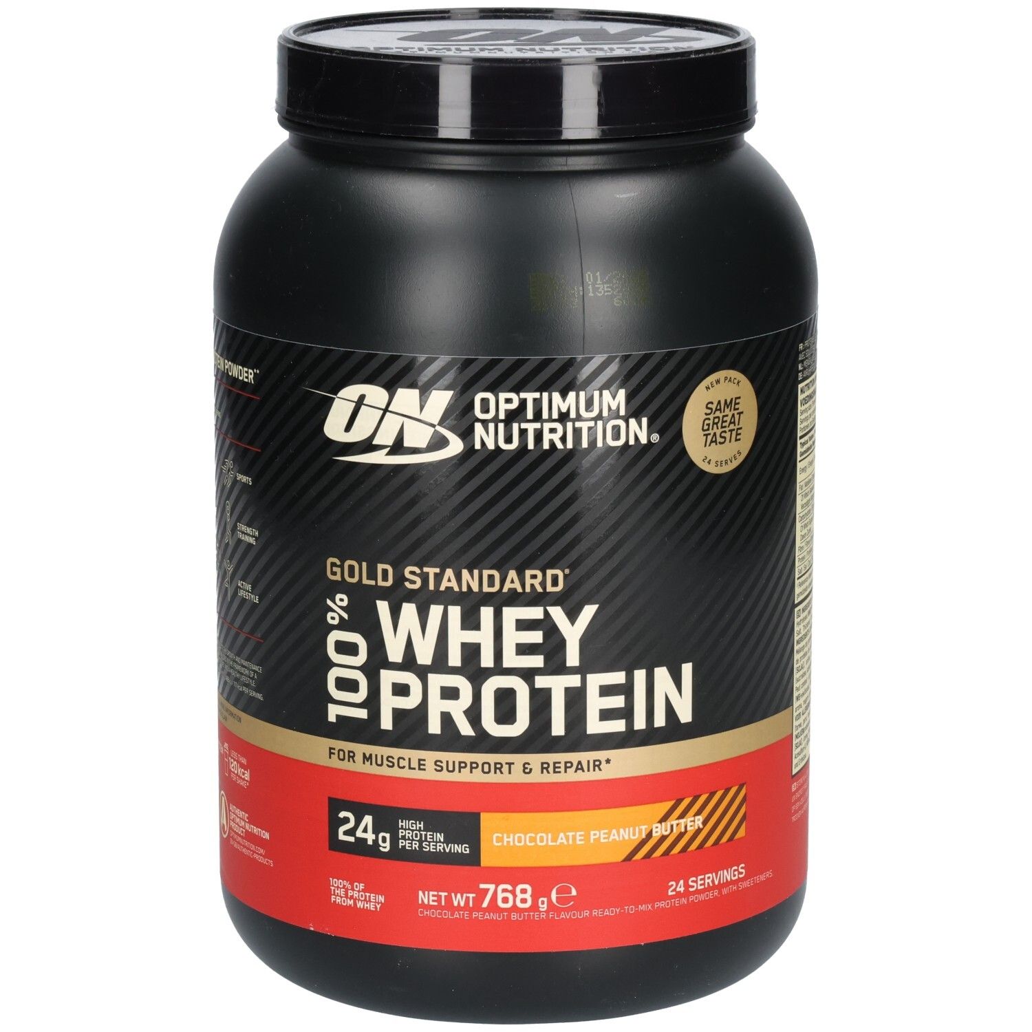 Pot noir OPTIMUM NUTRITION® Gold Standard 100% Whey Protein. Inscription: CHOCOLATE PEANUT BUTTER. 768g, 24 portions.