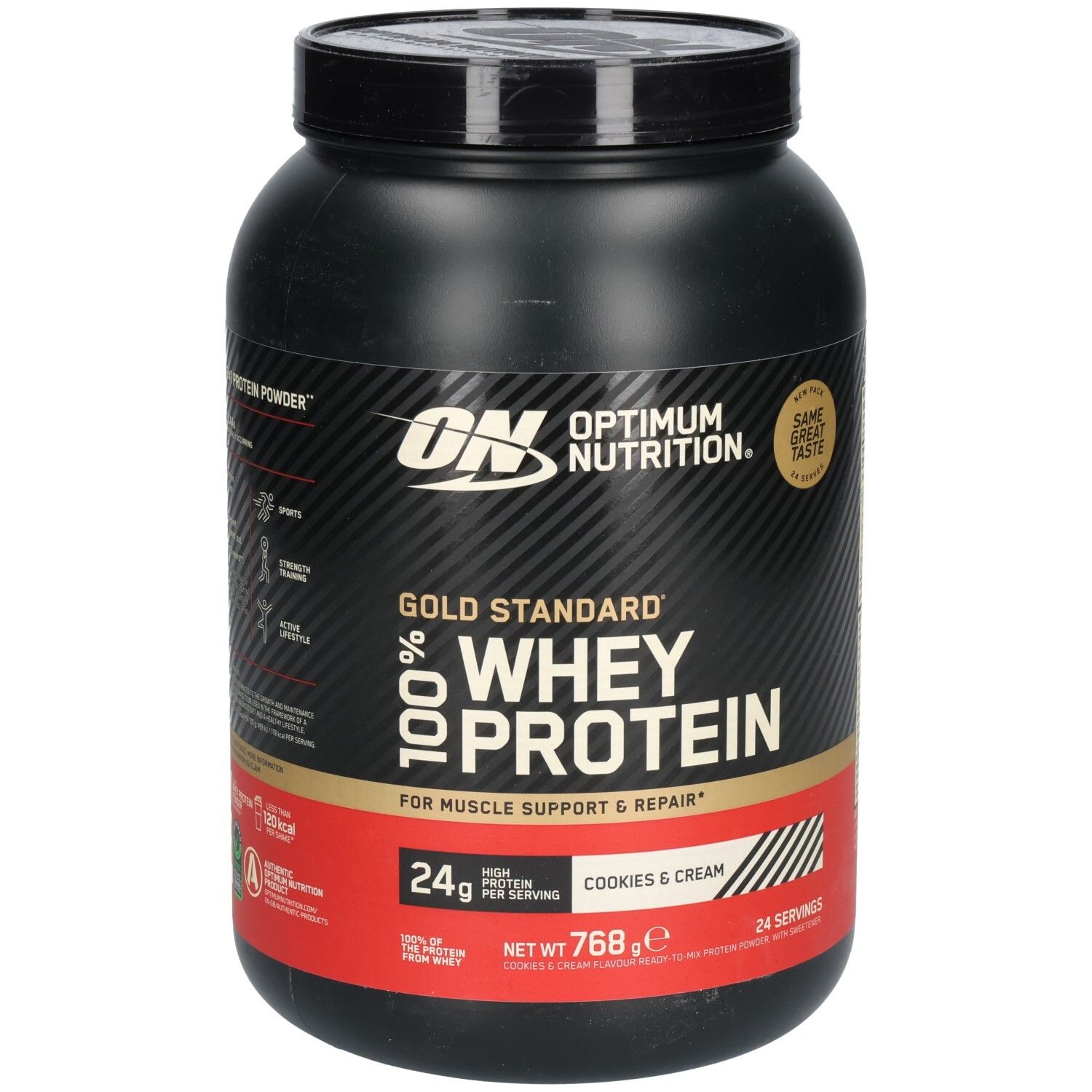 Pot de protéine Optimum Nutrition Whey, noir. Inscription : Gold Standard 100% Whey Protein, Cookies & Cream. 768g.