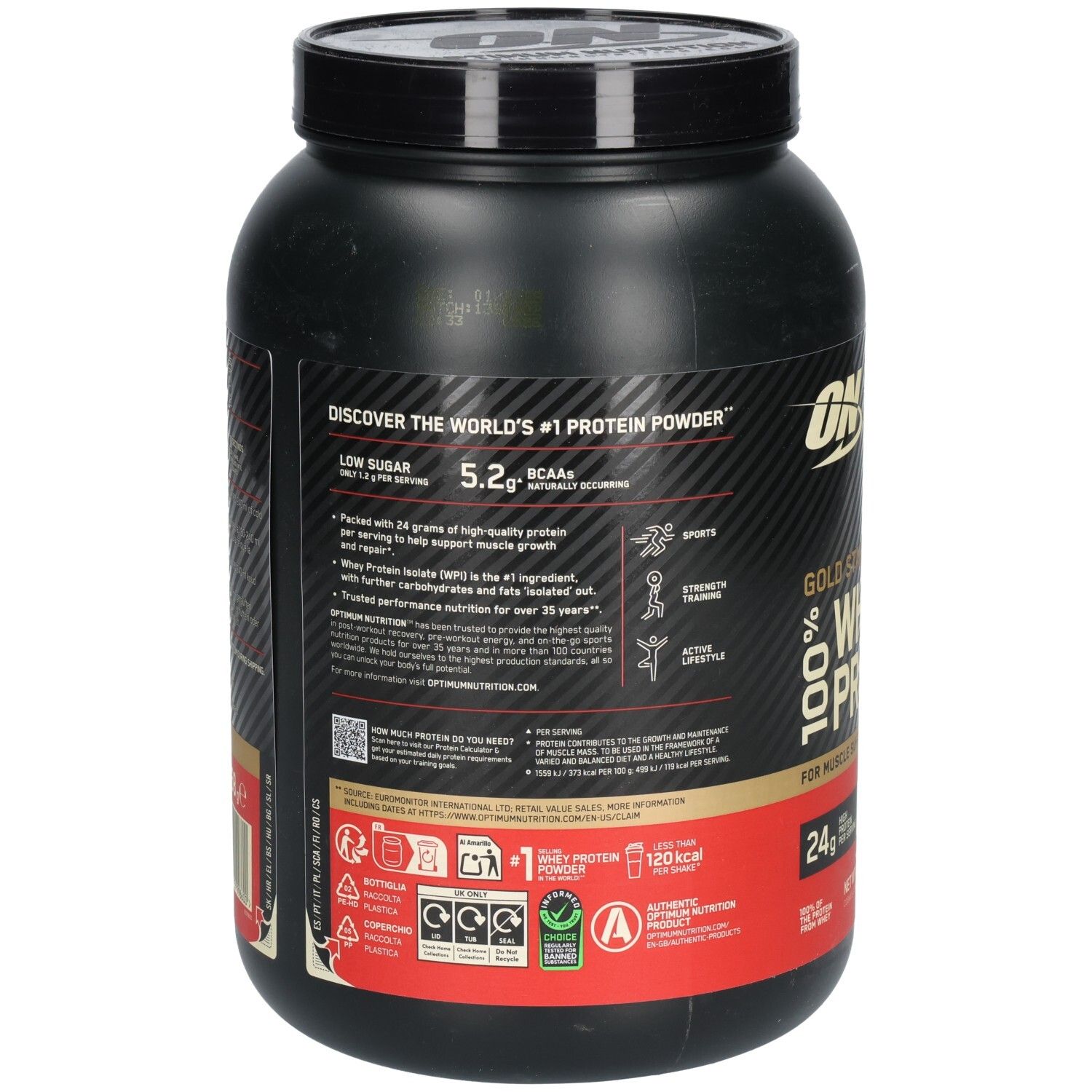 Dos du pot de protéine Optimum Nutrition Whey, noir. Texte : #1 Protein Powder, Low Sugar, 5.2g BCAAs, etc. Symboles de recyclage.