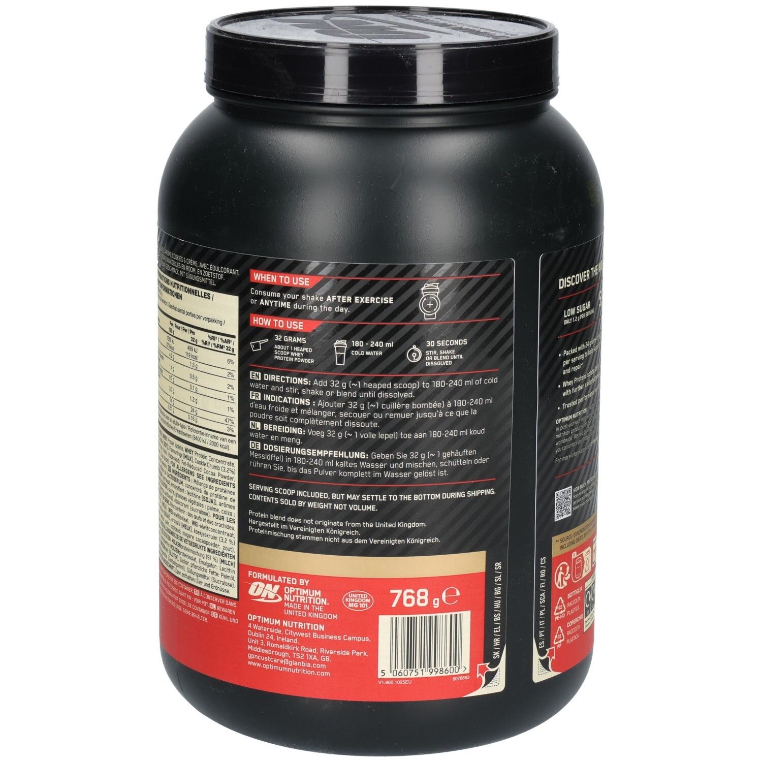 Dos du pot de protéine Optimum Nutrition Whey, noir. Texte : When to use, How to use. Instructions de préparation.