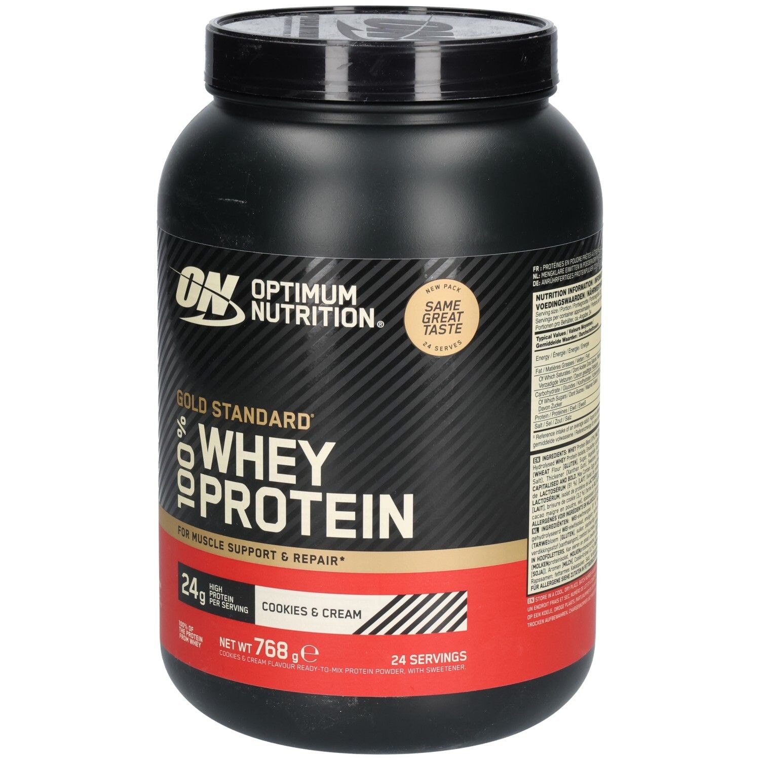 Pot de protéine Optimum Nutrition Whey, noir. Inscription : Gold Standard 100% Whey Protein, Cookies & Cream. 768g. Nouveau : Same great taste.