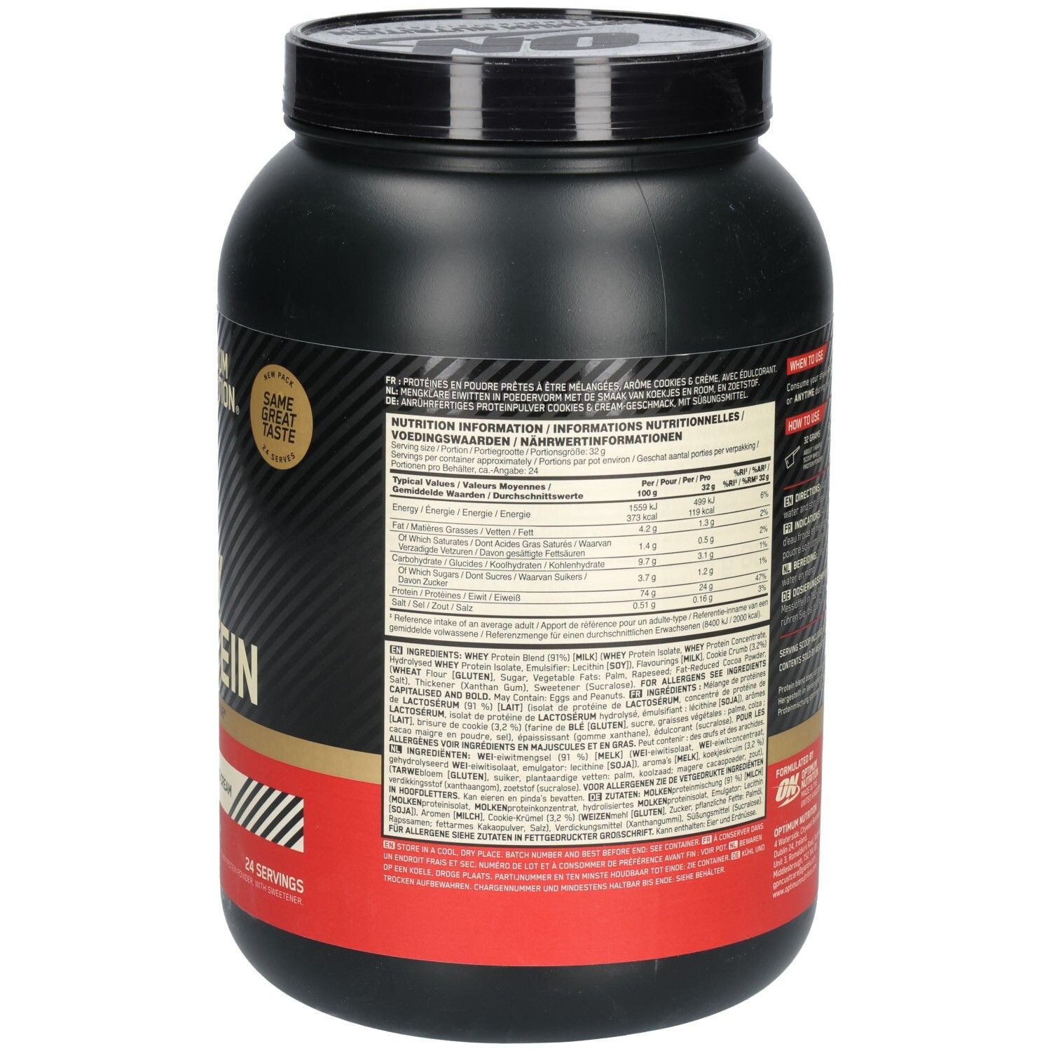 Dos du pot de protéine Optimum Nutrition Whey, noir. Texte : Nutrition Information, Ingredients. Informations nutritionnelles.
